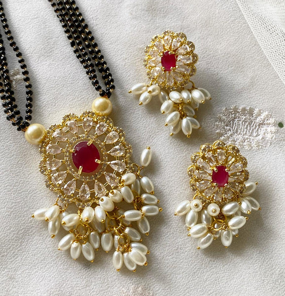 Oval floral black beaded mangalsutra short set - Adorna
