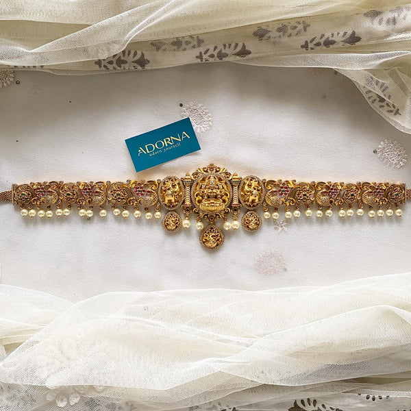 Antique Matte CZ Lakshmi Gajendra hipchain - Adorna