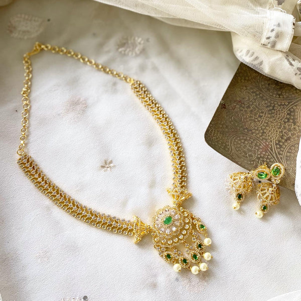 Gold AD floral drops pendant short set - Adorna