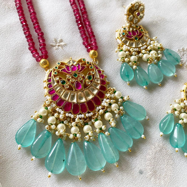 Pachi Kundan Half moon ruby agate mala set - Adorna