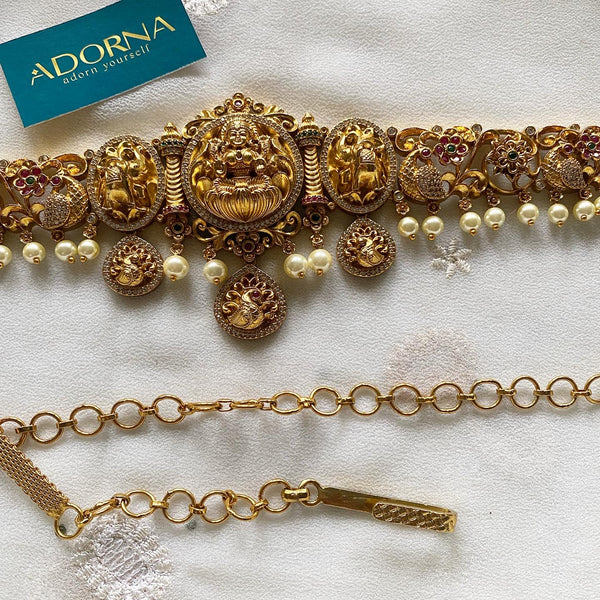 Antique Matte CZ Lakshmi Gajendra hipchain - Adorna