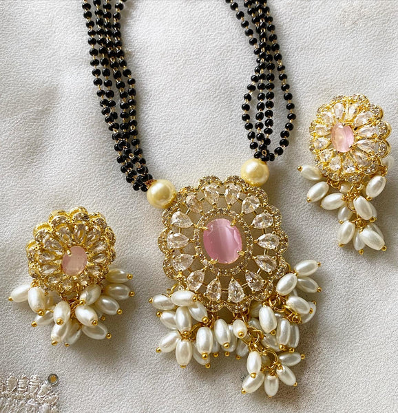 Oval floral black beaded mangalsutra short set - Adorna