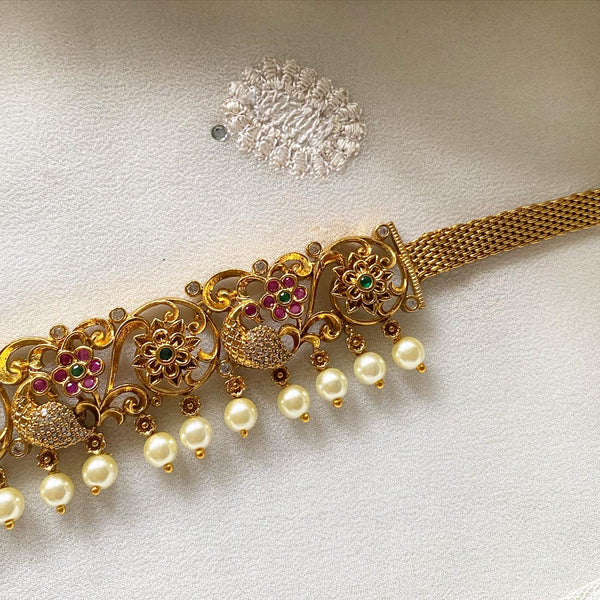 Antique Matte CZ Lakshmi Gajendra hipchain - Adorna