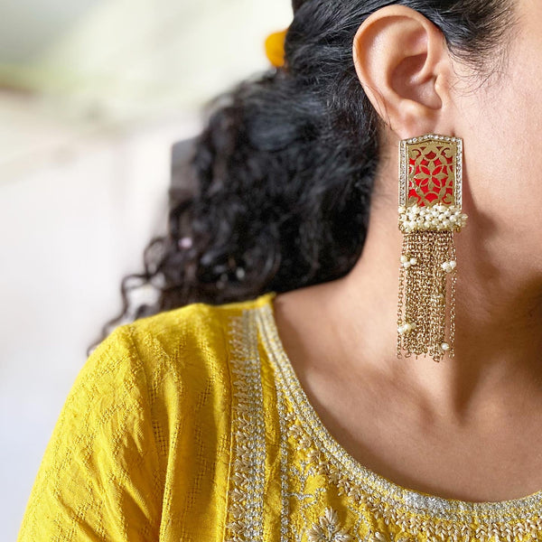 Filigree stud Pearl tassel long earrings - Adorna