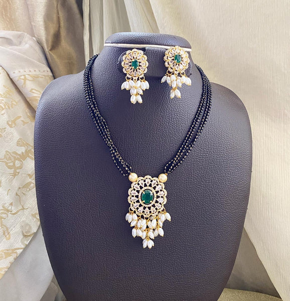 Oval floral black beaded mangalsutra short set - Adorna