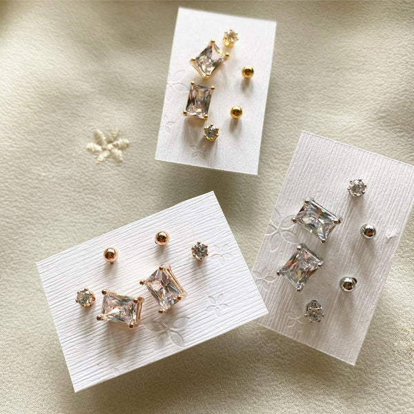 Triple piercing Rectangle sparkle studs - Adorna