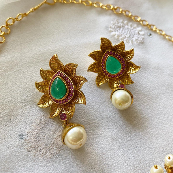 Antique matte sun flower striped pipe Choker set - Ruby-Green - Adorna