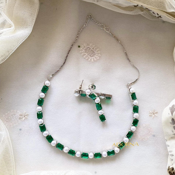 Rectangle CZ Pearl blocks short necklace - Green - Adorna