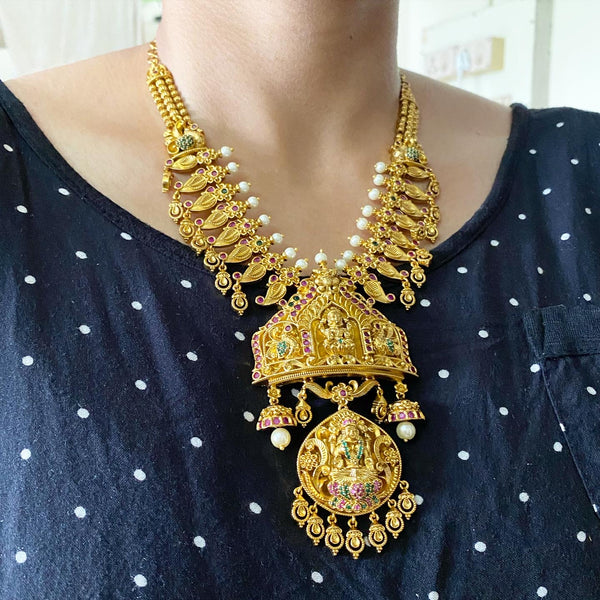 Antique matte Lakshmi peacock lotus short haaram set - Adorna