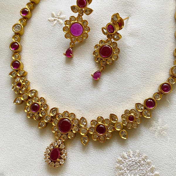 Antique matte kemp CZ studded pretty floral attigai set - Ruby - Adorna