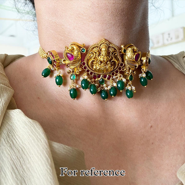 Matte Lakshmi Peacock choker set - Red drops - Ruby-Green - Adorna