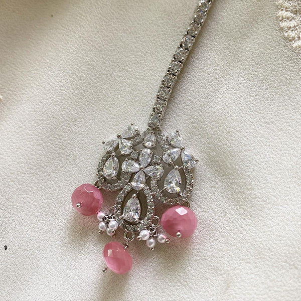 Silver CZ pastel pink tikka - Adorna
