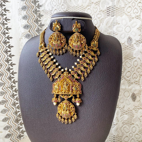 Antique matte Lakshmi peacock lotus short haaram set - Adorna