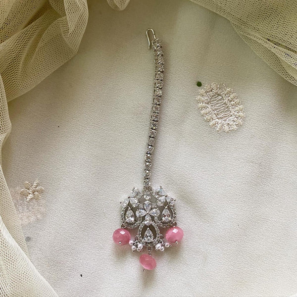 Silver CZ pastel pink tikka - Adorna