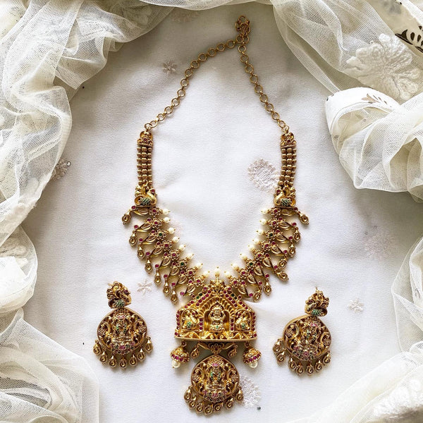 Antique matte Lakshmi peacock lotus short haaram set - Adorna