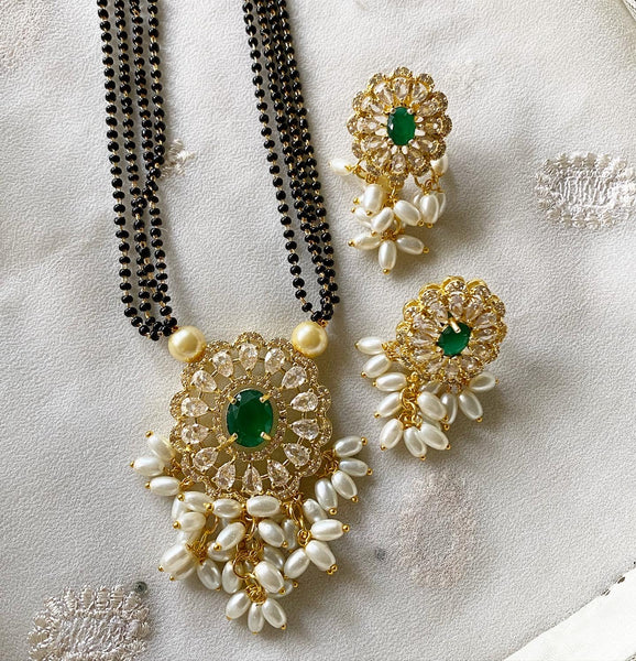 Oval floral black beaded mangalsutra short set - Adorna