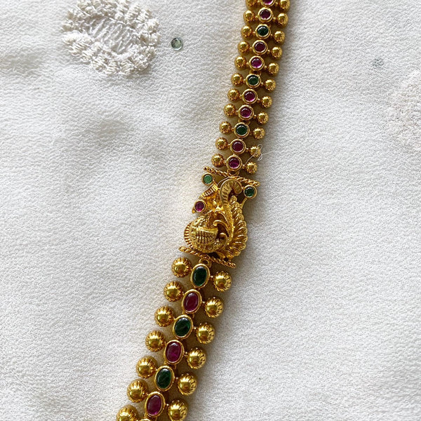 Antique matte kemp Lakshmi Peacock long mala set - Adorna