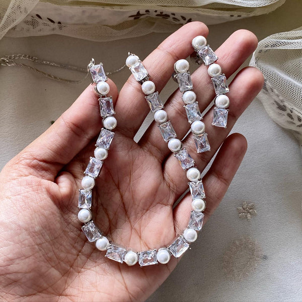 Rectangle CZ Pearl blocks short necklace - White - Adorna