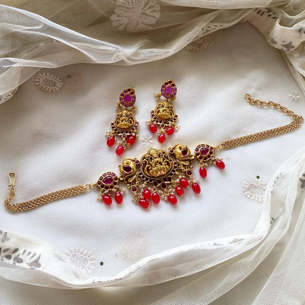 Matte Lakshmi Peacock choker set - Red drops - Full Ruby - Adorna