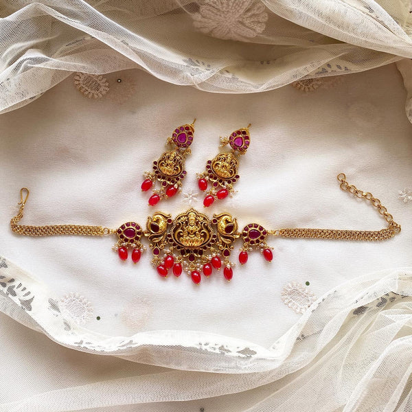Matte Lakshmi Peacock choker set - Red drops - Full Ruby - Adorna