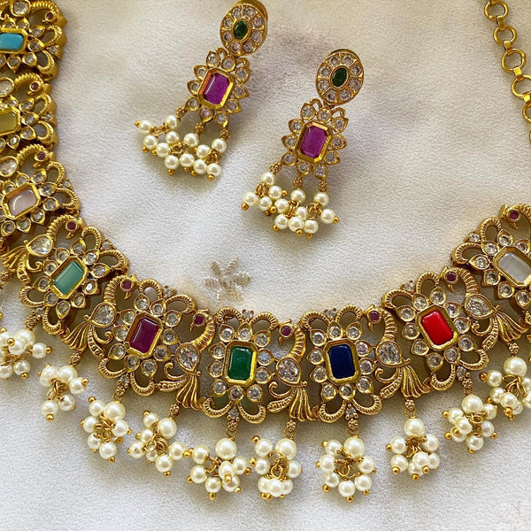 Navratna Antique matte peacock gutta short set - Adorna