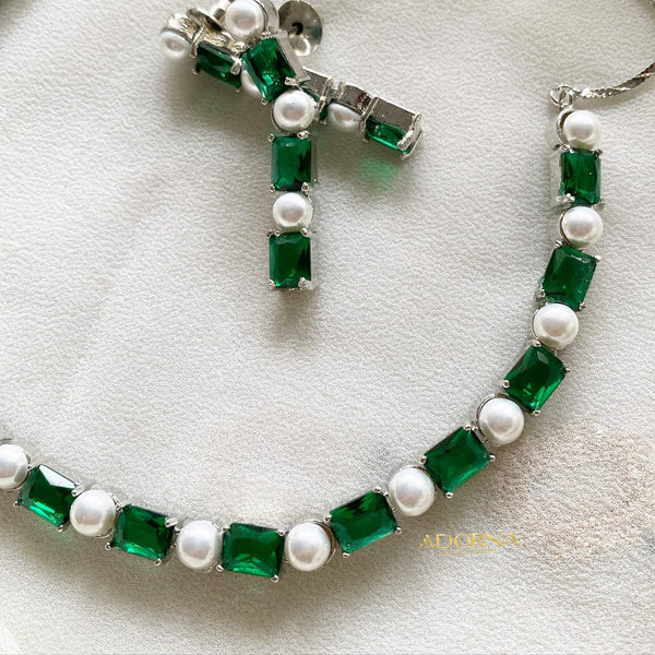 Rectangle CZ Pearl blocks short necklace - Green - Adorna