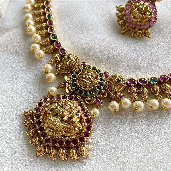 Antique matte kemp studded Paisley Lakshmi short set - Ruby-Green - Adorna