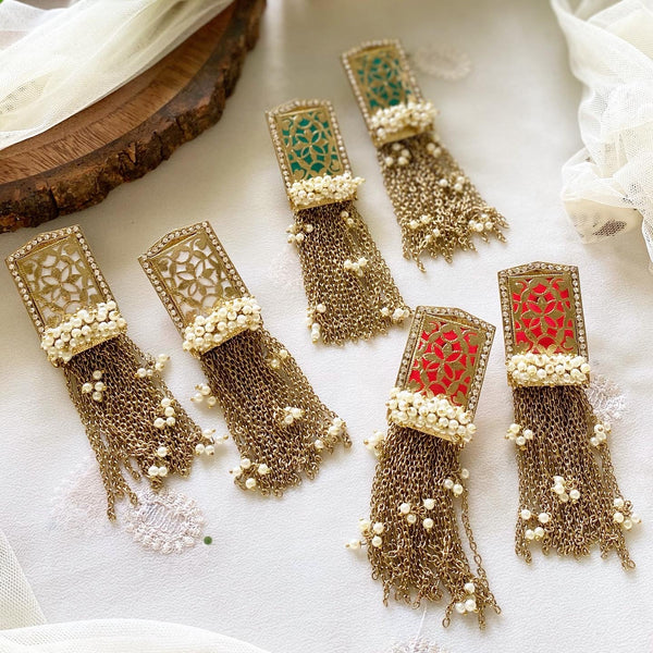 Filigree stud Pearl tassel long earrings - Adorna