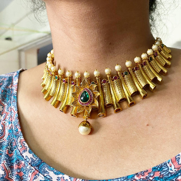 Antique matte sun flower striped pipe Choker set - Ruby-Green - Adorna