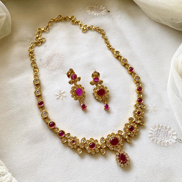 Antique matte kemp CZ studded pretty floral attigai set - Ruby - Adorna