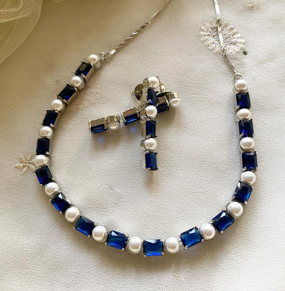 Rectangle CZ Pearl blocks short necklace - Blue - Adorna
