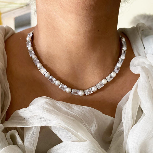 Rectangle CZ Pearl blocks short necklace - White - Adorna