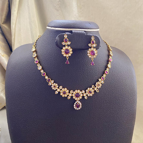 Antique matte kemp CZ studded pretty floral attigai set - Ruby - Adorna