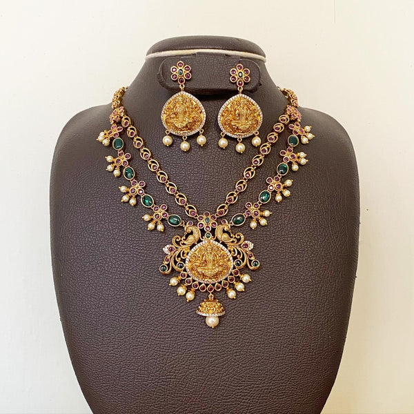 Antique matte kemp studded Lakshmi Peacock layered short set - Adorna