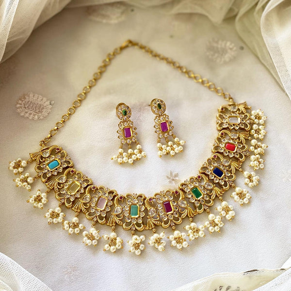 Navratna Antique matte peacock gutta short set - Adorna