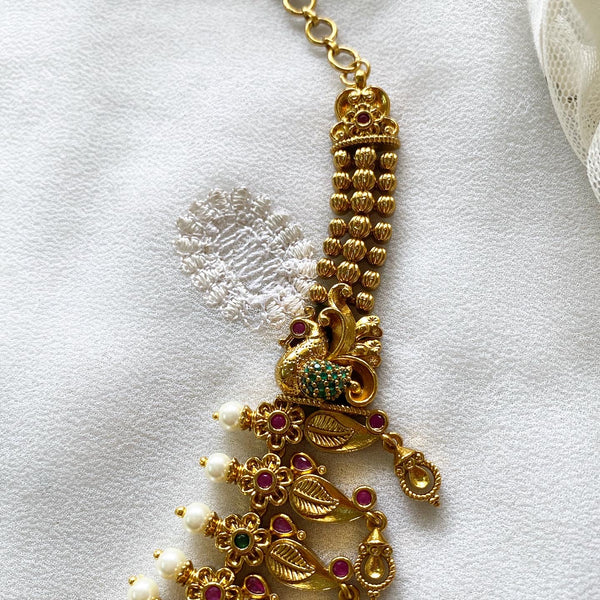Antique matte Lakshmi peacock lotus short haaram set - Adorna