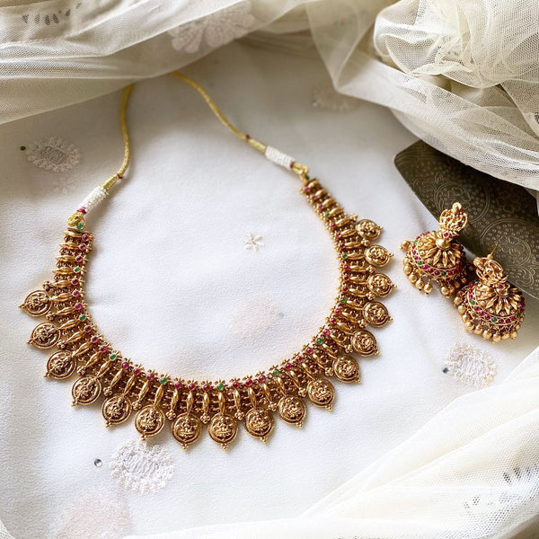 Antique matte Lakshmi coin spike short set - Ruby-Green - Adorna