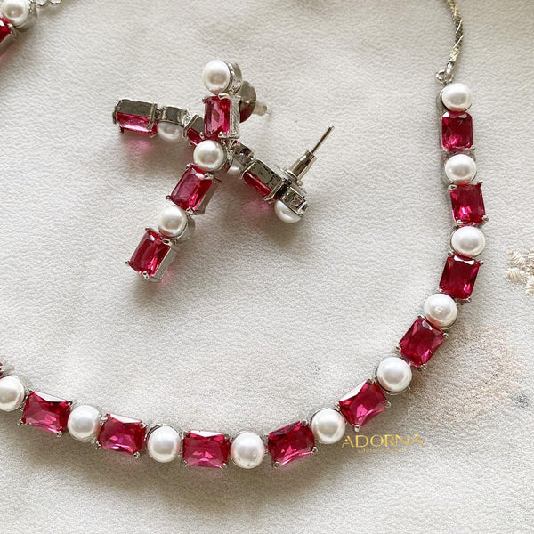 Rectangle CZ Pearl blocks short necklace - Red - Adorna