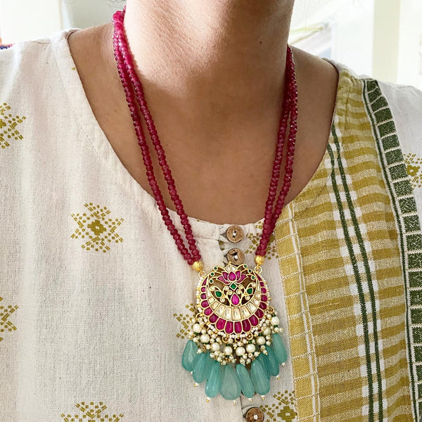 Pachi Kundan Half moon ruby agate mala set - Adorna