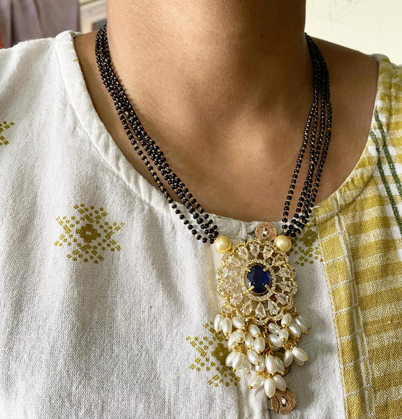 Oval floral black beaded mangalsutra short set - Adorna