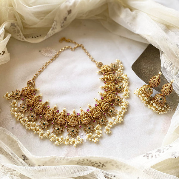 Antique matte CZ Lakshmi spike floral short set - Adorna