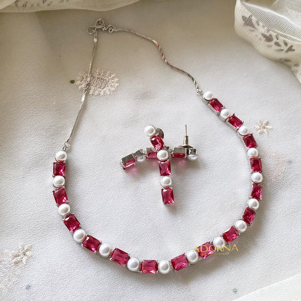 Rectangle CZ Pearl blocks short necklace - Red - Adorna