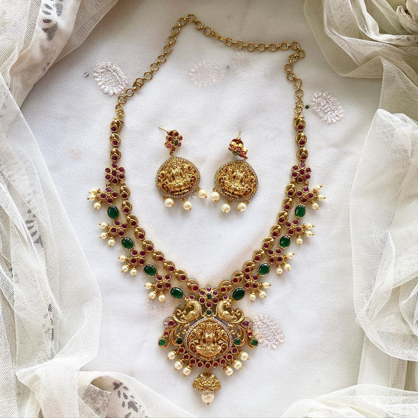 Antique matte kemp studded Lakshmi Peacock layered short set - Adorna