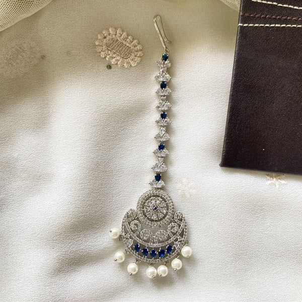 Silver CZ blue dollops tikka - Adorna