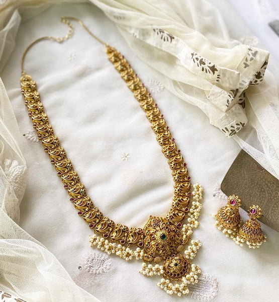 Antique matte kemp floral swirl long haaram set - Adorna