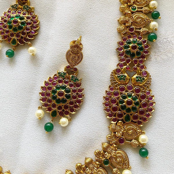 Antique matte finish Peacock Paisley mogappu style short haaram set - Adorna