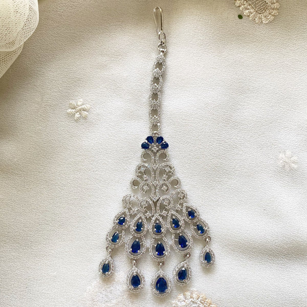 Silver CZ blue cascade tikka - Adorna
