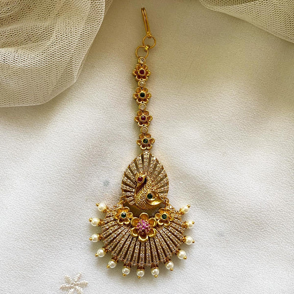 Antique matte CZ Peacock floral rays tikka - Adorna