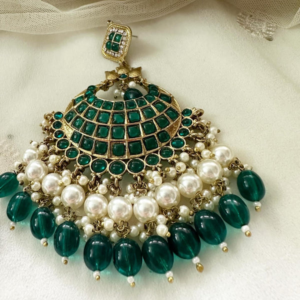 Polki Kundan Pearl long earrings - Full Green
