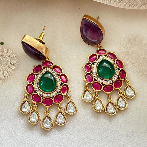 Kundan Jadau tear drop floral drop earrings - Purple